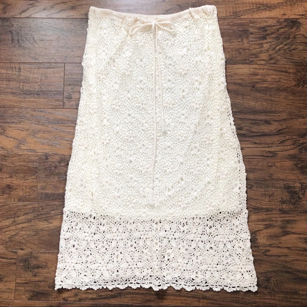 SOLD Rene Derhy • vintage crocheted skirt lace knit drawstring waist midi cream - Picture 5 of 14